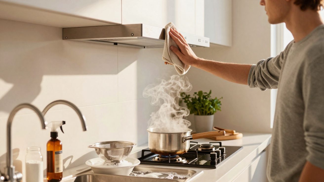 Pessoa limpa a ventoinha da cozinha enquanto cozinha num fogão a gás com uma panela a ferver.