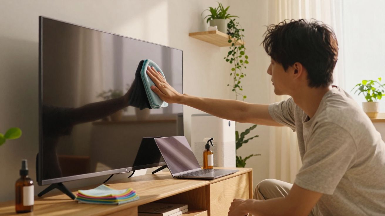 Homem a limpar a tela da televisão com um pano azul numa sala iluminada e decorada com plantas.