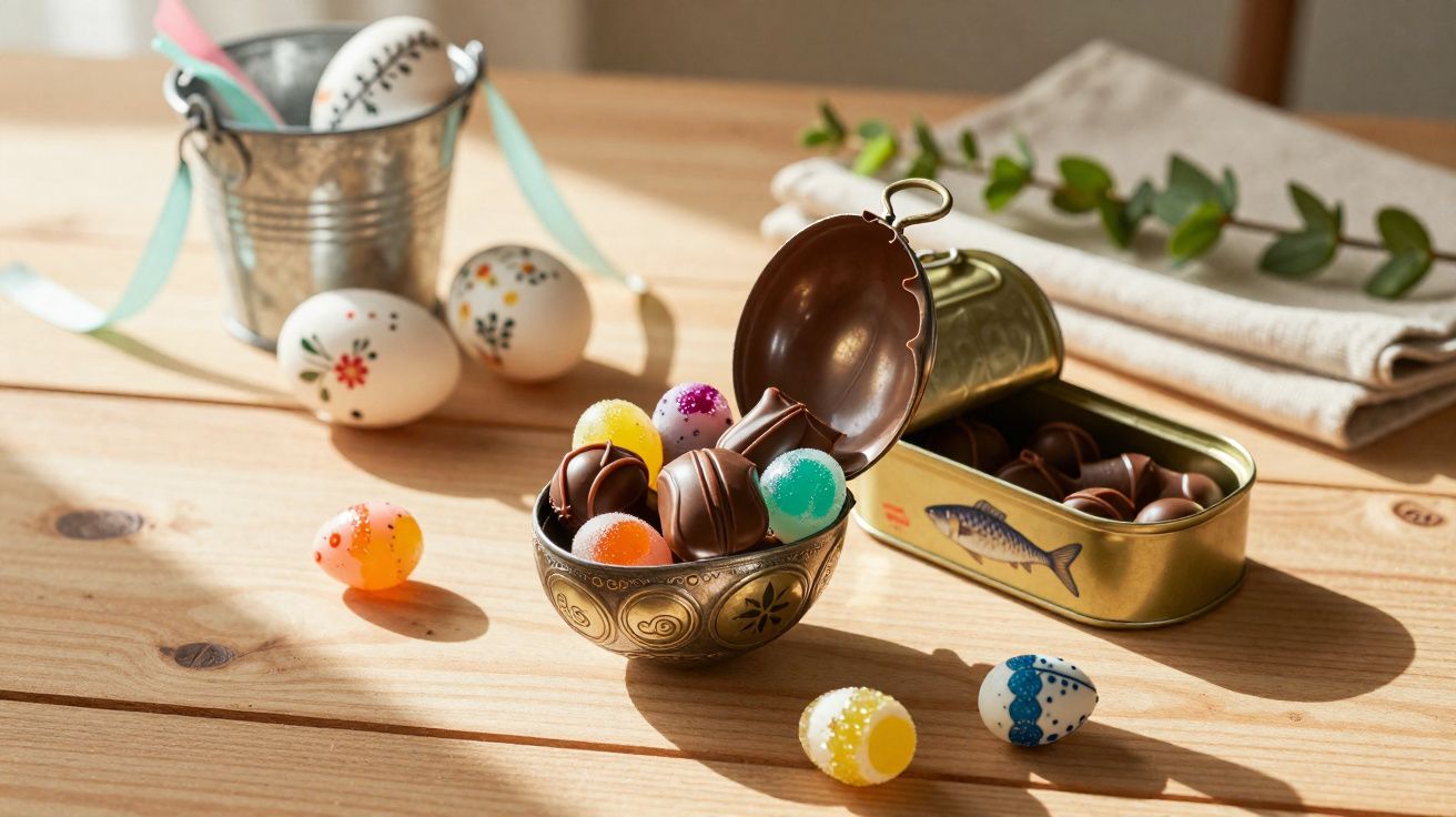 Ovos de Páscoa decorados e chocolates em caixa e recipiente sobre mesa de madeira clara.