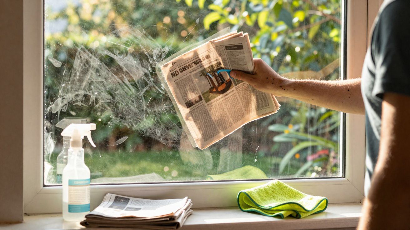 Pessoa a limpar janela com jornal, spray de limpeza e pano verde num parapeito iluminado pelo sol.