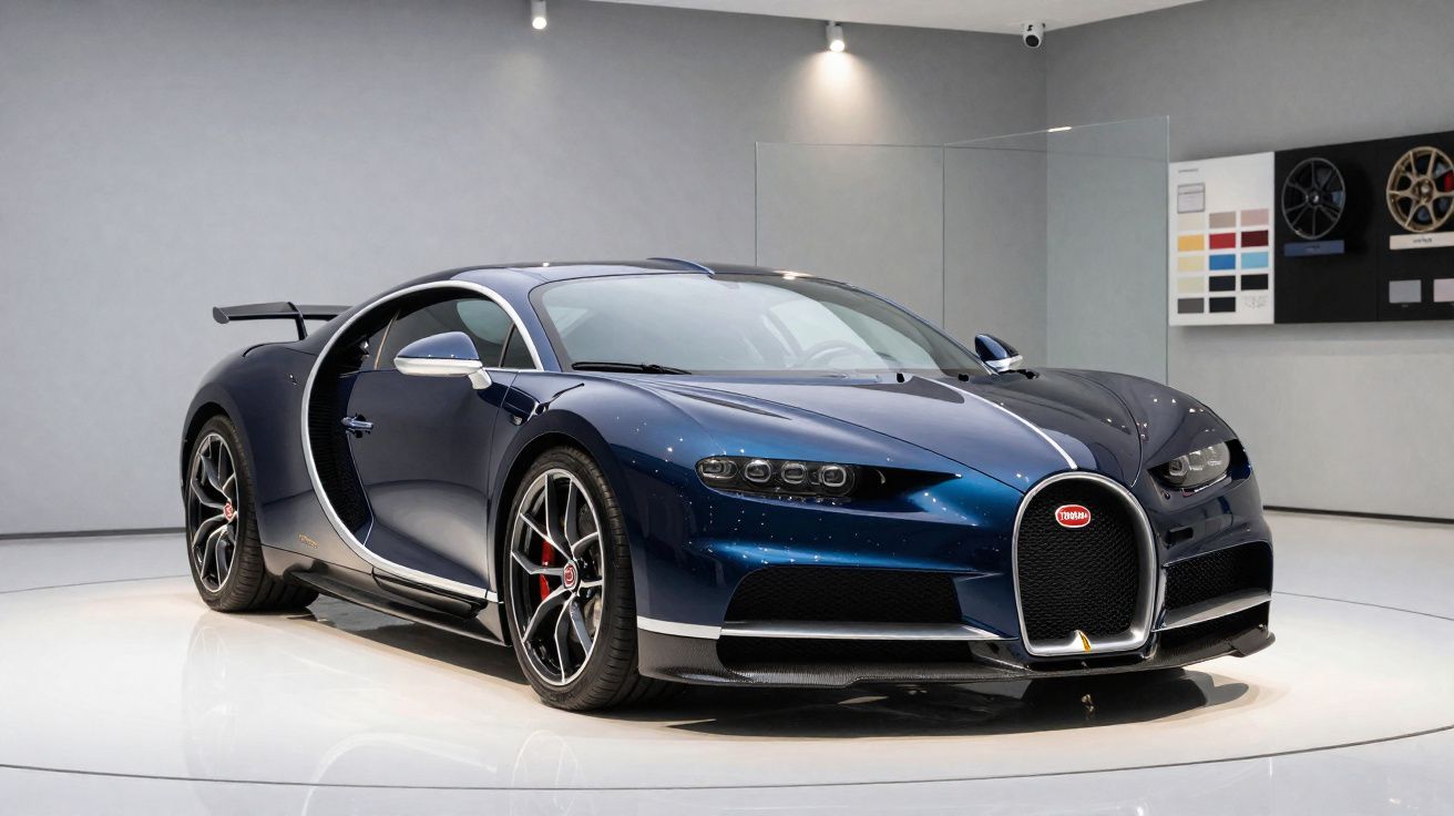 Carro desportivo azul escuro Bugatti estacionado numa sala branca com iluminação direta.