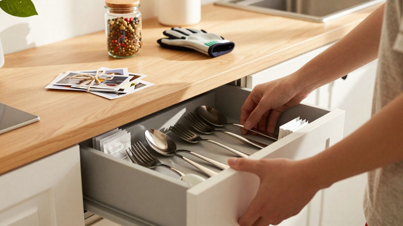 Mãos a organizar talheres numa gaveta de cozinha sob um tampo de madeira com utensílios em cima.
