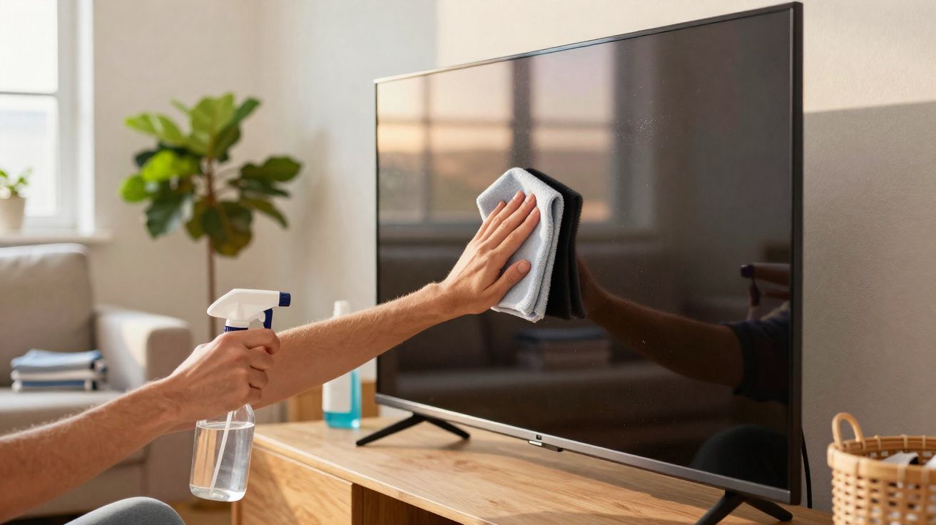 Pessoa a limpar e desinfetar um televisor com um pano e um pulverizador na sala de estar.