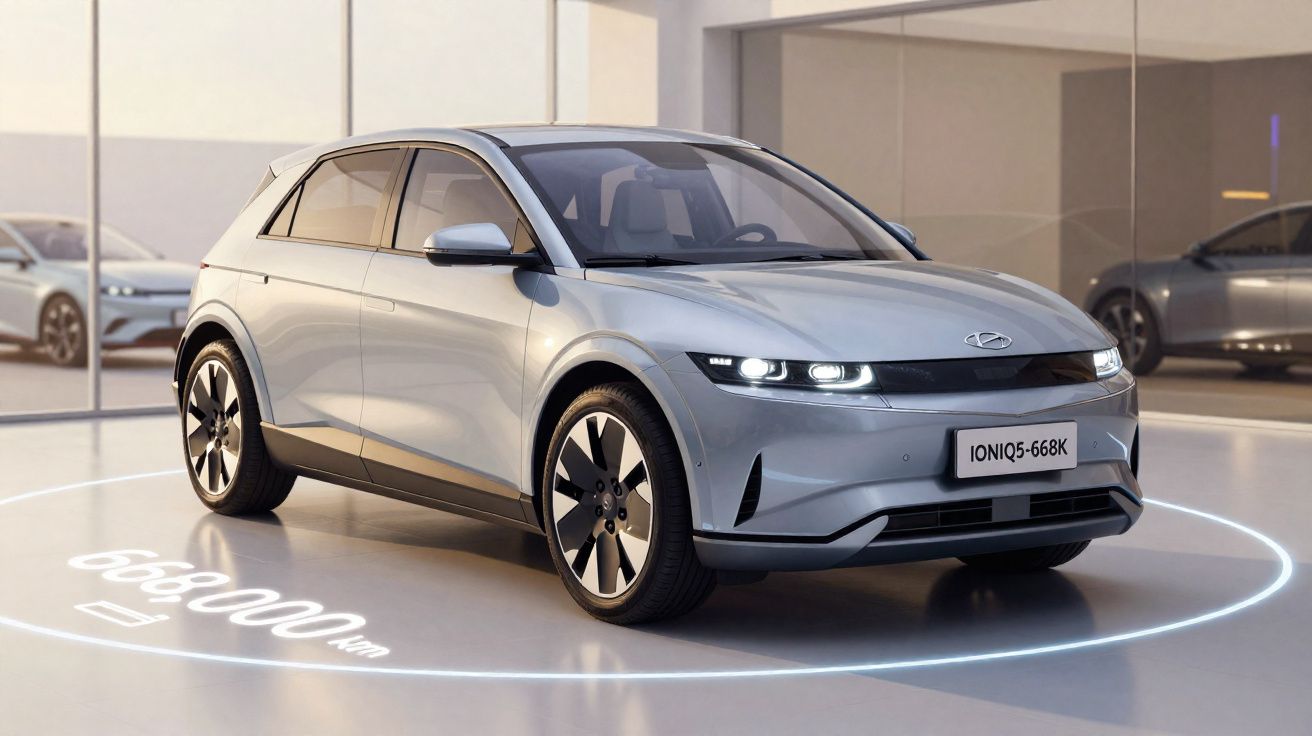 Carro elétrico Hyundai Ioniq 5 cinzento numa exposição, com luzes LED ligadas e autonomia de 668 km exibida.