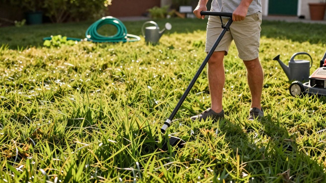Pessoa a aparar a relva alta num jardim com uma máquina de cortar relva ao fundo.