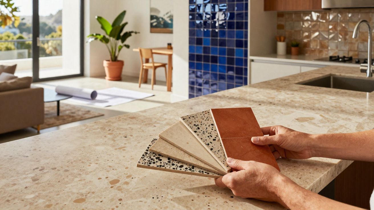 Mãos seguram amostras de azulejos sobre bancada em cozinha moderna com parede azul e plantas.