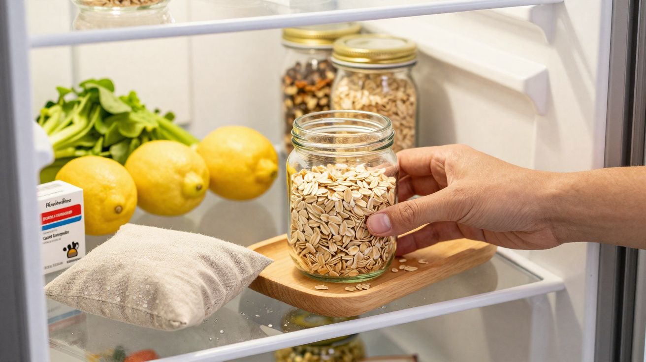 Mão a colocar frasco com flocos de aveia dentro de frigorífico com limões e folhas verdes.