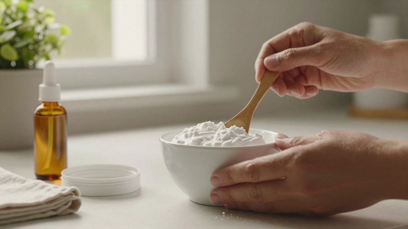 Mãos a mexer creme branco numa tigela branca com frasco de óleo e toalha na bancada clara.