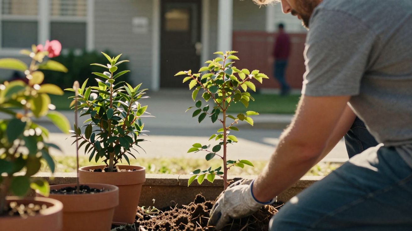 Homem a plantar uma árvore jovem num jardim com vasos de plantas ao lado, em dia soalheiro.