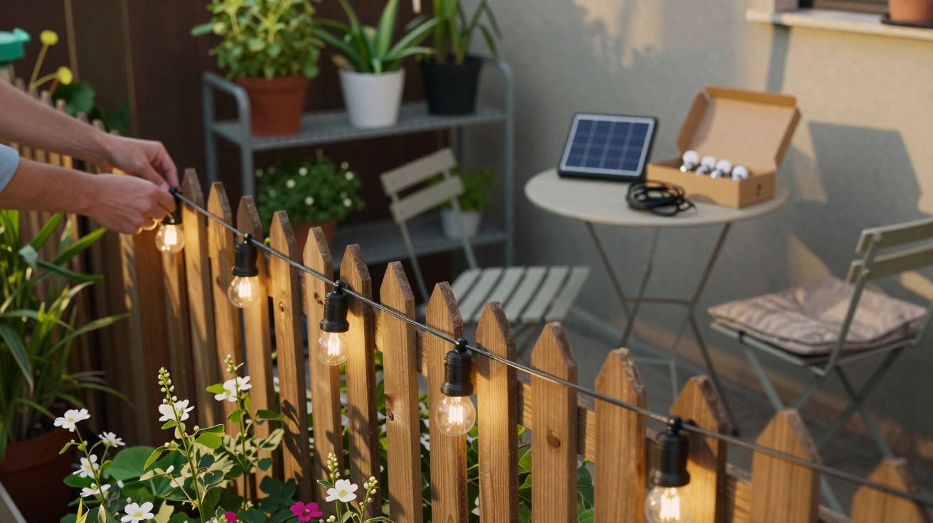 Pessoa a instalar luzes decorativas LED solares numa vedação de madeira em varanda com plantas e cadeiras.