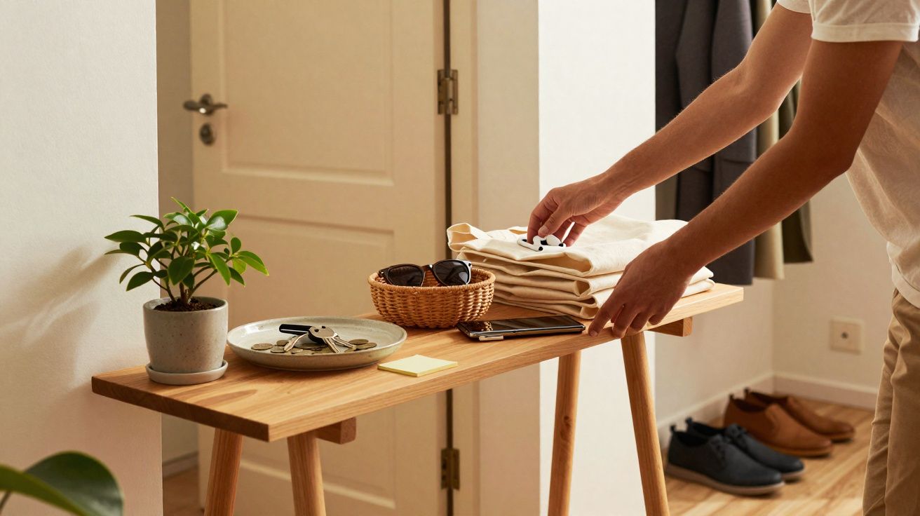 Pessoa arrumando roupas sobre mesa de madeira com planta, acessórios e sapatos ao fundo.