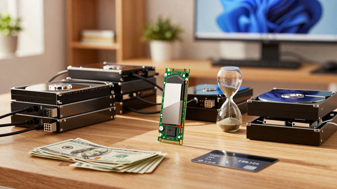Unidade de armazenamento SSD em pé entre discos rígidos, relógio de areia, dinheiro e cartão de crédito numa mesa de madeira.