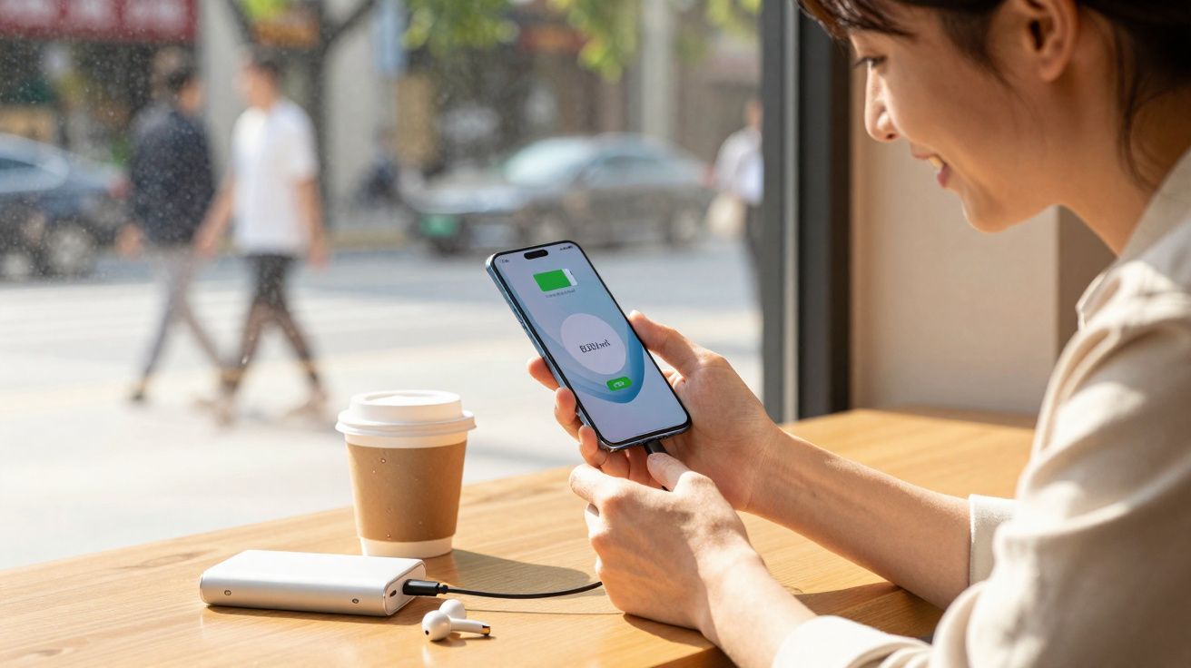 Mulher numa cafetaria a carregar o telemóvel com um power bank enquanto segura o aparelho na mão.