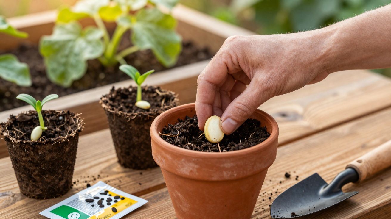 Mão a plantar semente em vaso de barro, com mudas e terra, ao lado de ferramenta de jardinagem.