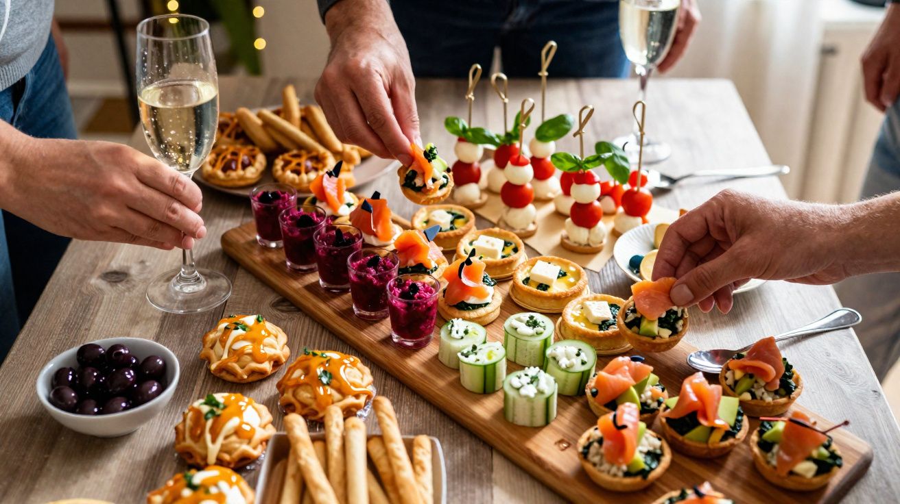 Mãos a servir aperitivos variados e copos com vinho branco numa mesa de festa.