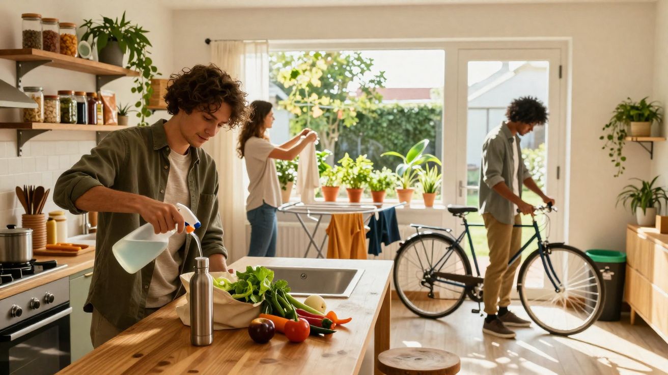 Três jovens realizam tarefas domésticas numa cozinha luminosa com várias plantas e legumes frescos na bancada.