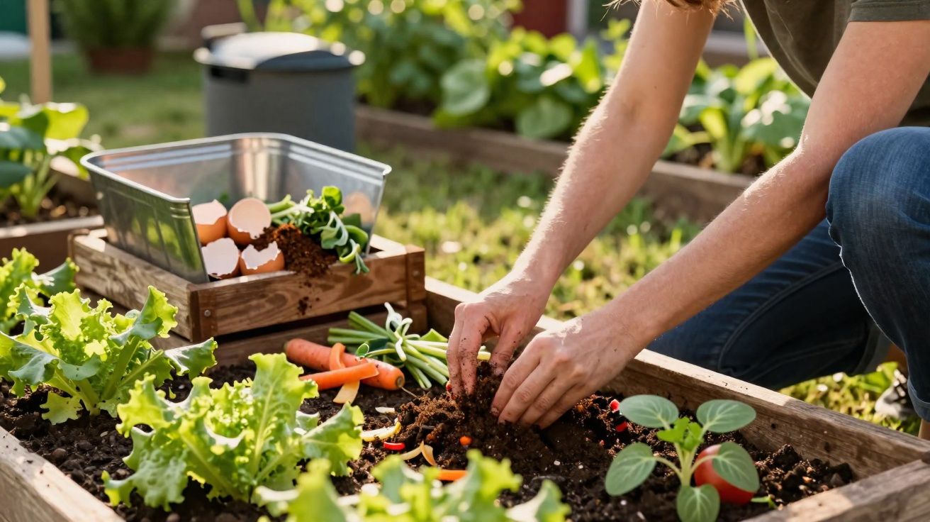 Pessoa a mexer a terra numa horta com legumes e resíduos orgânicos para compostagem.