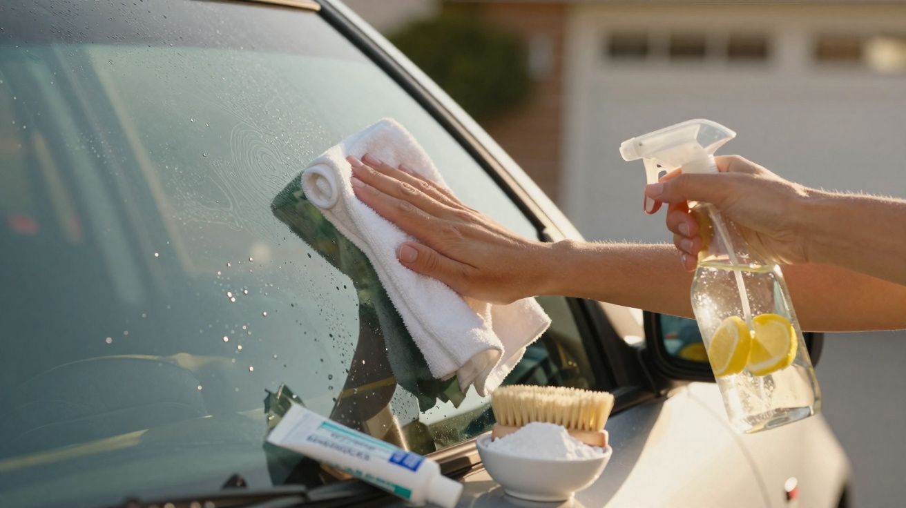 Pessoa a limpar o para-brisas de um carro com spray caseiro e pano branco.