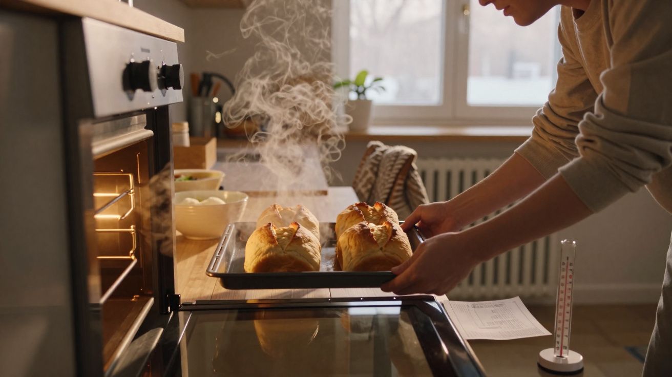 Pessoa a retirar quatro pães quentes e fumegantes do forno numa cozinha iluminada pela luz natural.