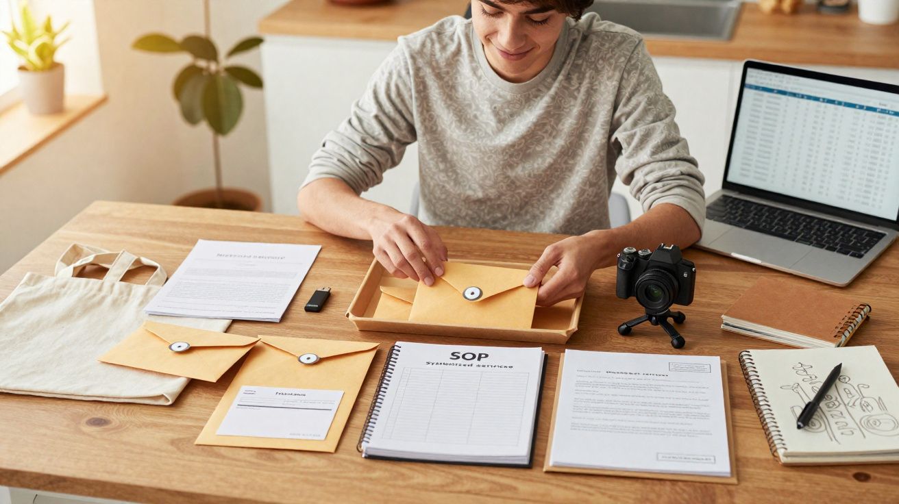 Pessoa a organizar envelopes e documentos numa mesa com computador portátil e câmara fotográfica.