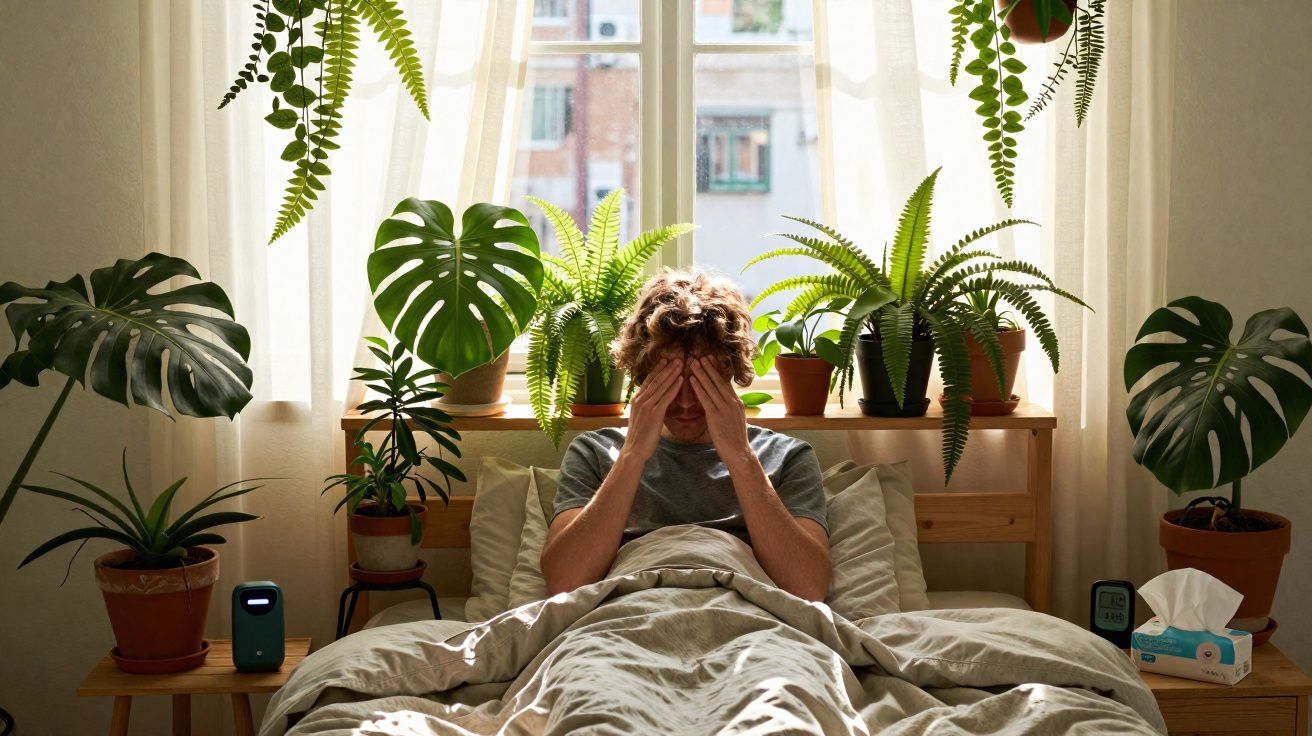 Pessoa sentada na cama com as mãos na cara, rodeada por plantas dentro de um quarto iluminado pela janela.