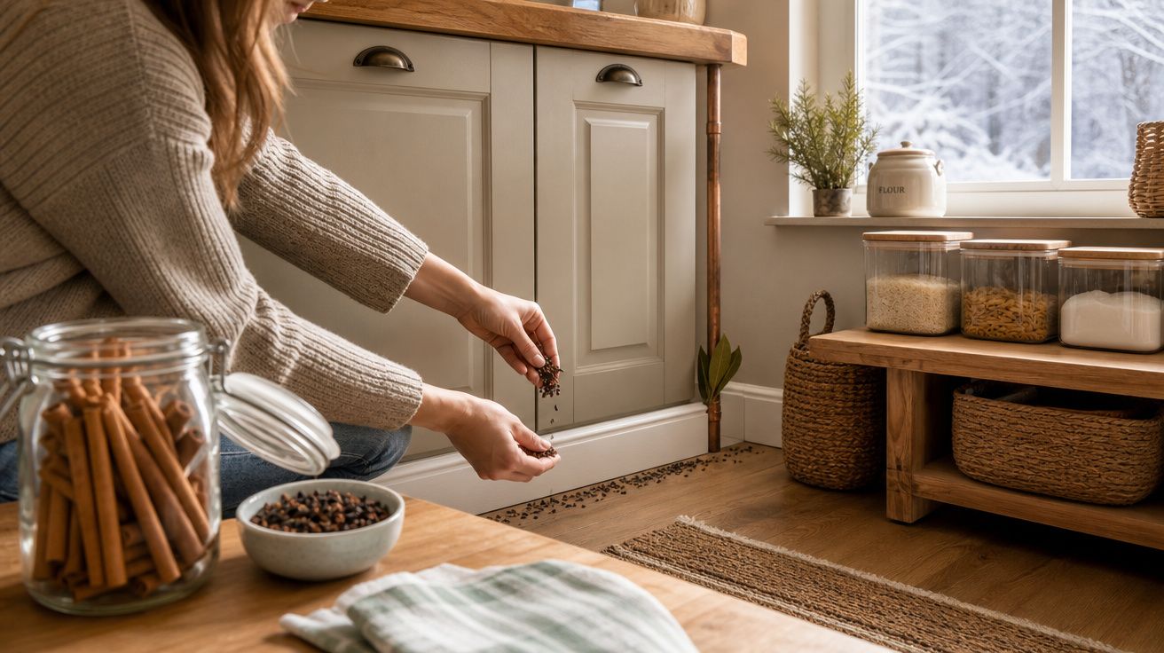 Pessoa a deitar especiarias no chão de cozinha rústica com frascos de canela e legumes numa mesa de madeira.