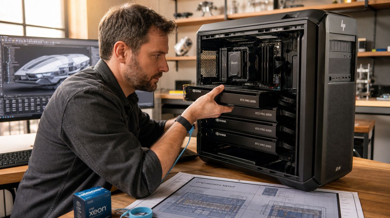 Homem a instalar uma placa gráfica NVIDIA RTX Pro 6000 dentro de um computador de secretária.