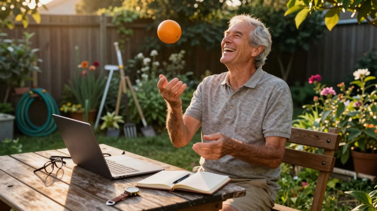 Homem idoso sorridente sentado no jardim a jogar com uma laranja, com laptop e caderno numa mesa de madeira.