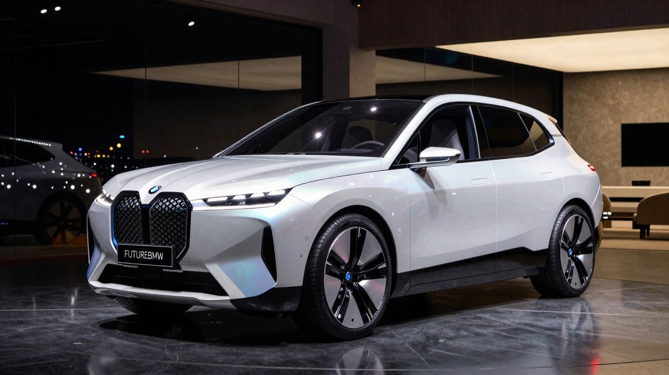 Carro elétrico BMW branco futurista estacionado num showroom moderno com iluminação suave.