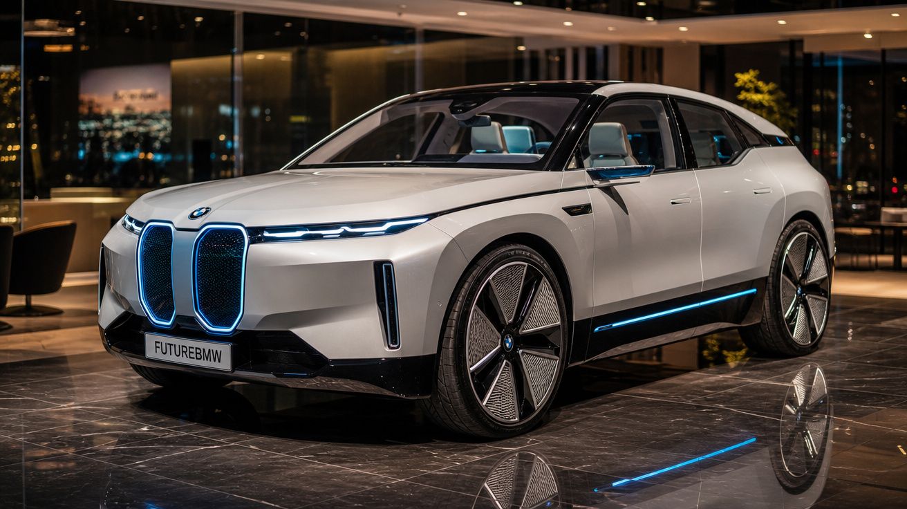 Carro elétrico BMW futurista branco com iluminação azul em showroom moderno à noite.