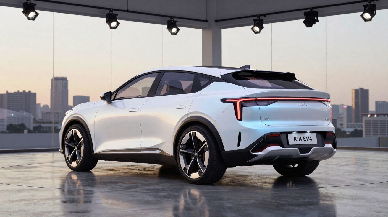 Carro elétrico Kia EV4 branco estacionado em espaço interior com vista urbana ao fundo ao pôr do sol.