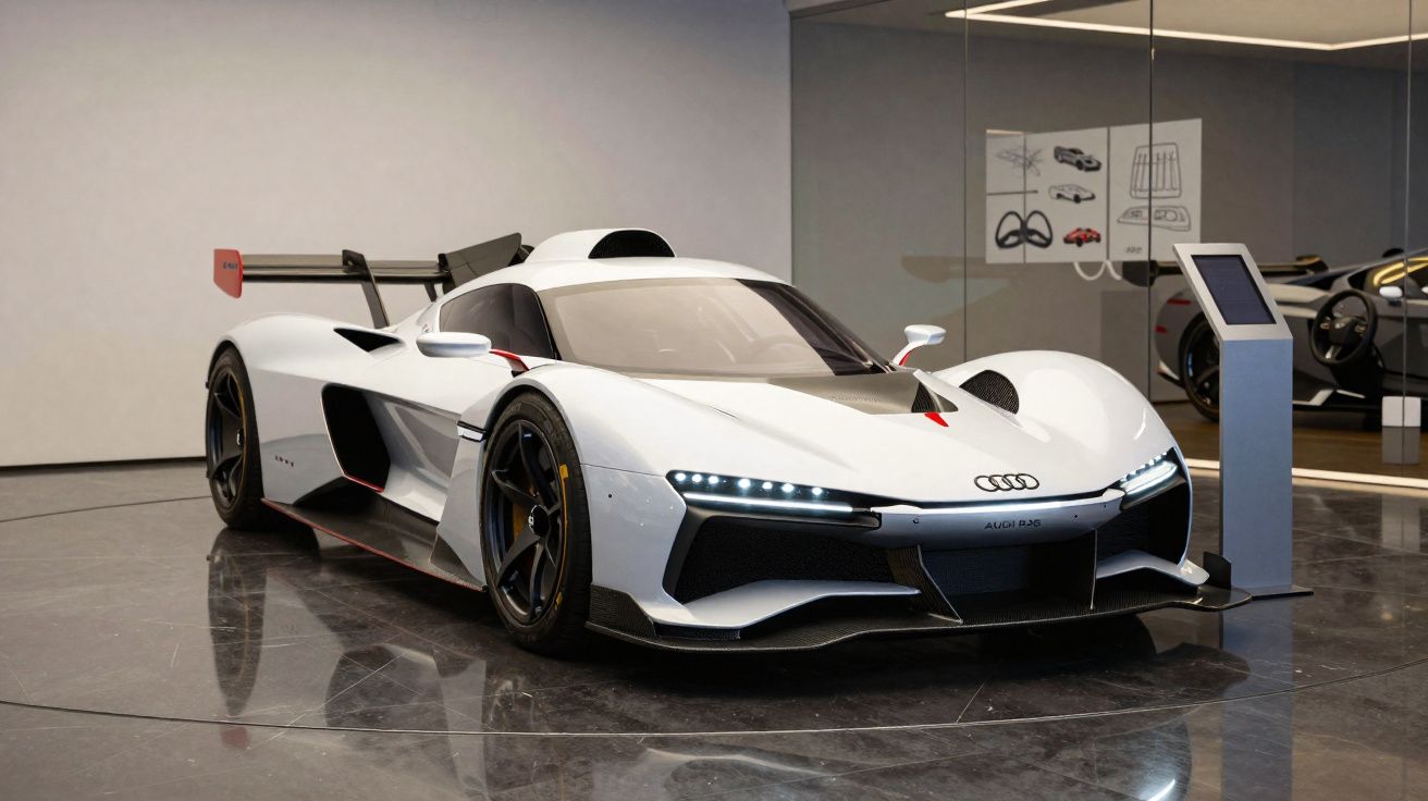 Carro desportivo branco Audi RSQ e-tron exposto em segundo plano com painéis de informação.
