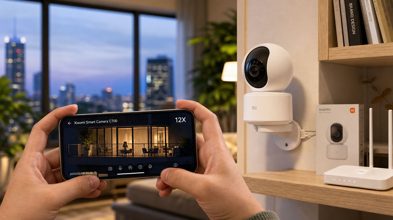 Pessoa a controlar remotamente uma câmara de segurança Xiaomi Smart Camera C700 através de um smartphone.