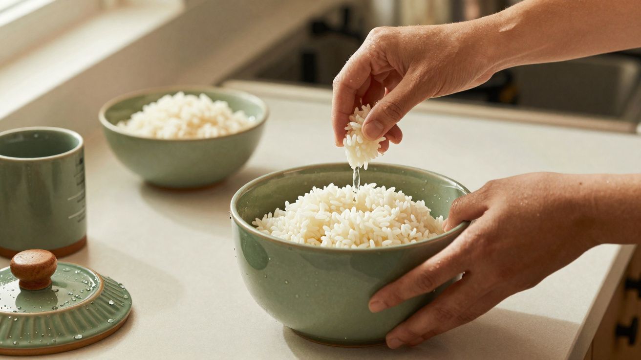 Mãos a segurar e deitar arroz numa tigela verde numa cozinha com outra tigela e caneca ao fundo.