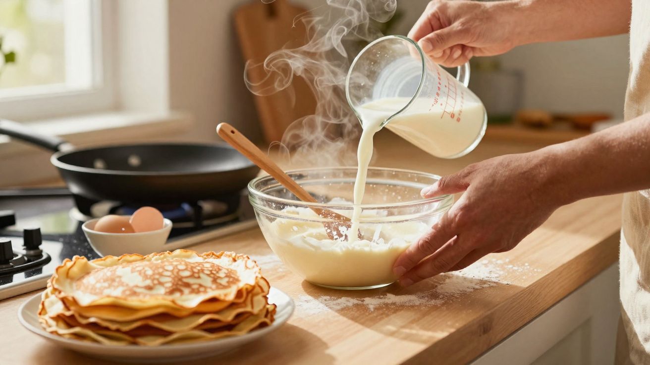 Pessoa a preparar massa quente para panquecas numa cozinha com ovos e frigideira ao fundo.