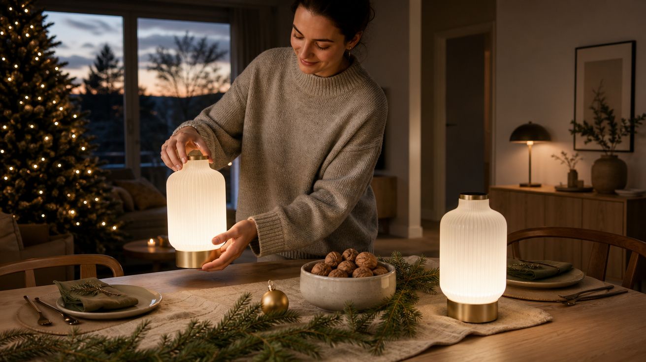 Mulher a arrumar candeeiros numa mesa de jantar decorada para o Natal com pinhas e nozes.