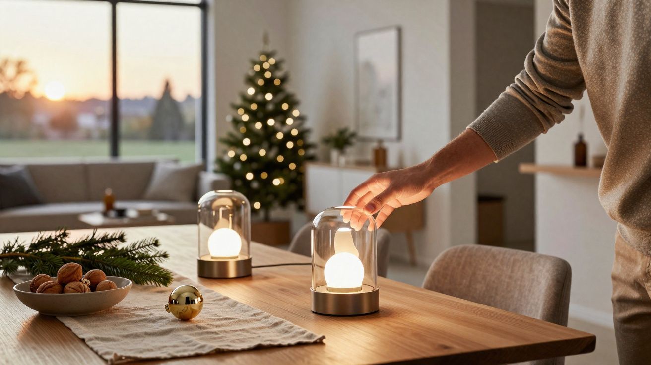Mão ajusta candeeiro moderno numa sala decorada com árvore de Natal e enfeites na mesa de madeira.