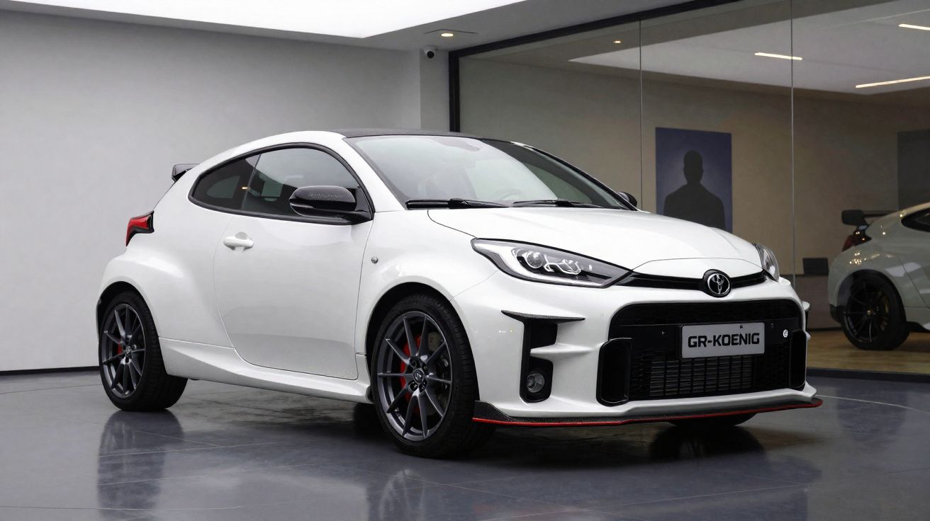 Carro desportivo branco Toyota GR-Koenig estacionado em piso cinza interior com parede de vidro ao fundo.