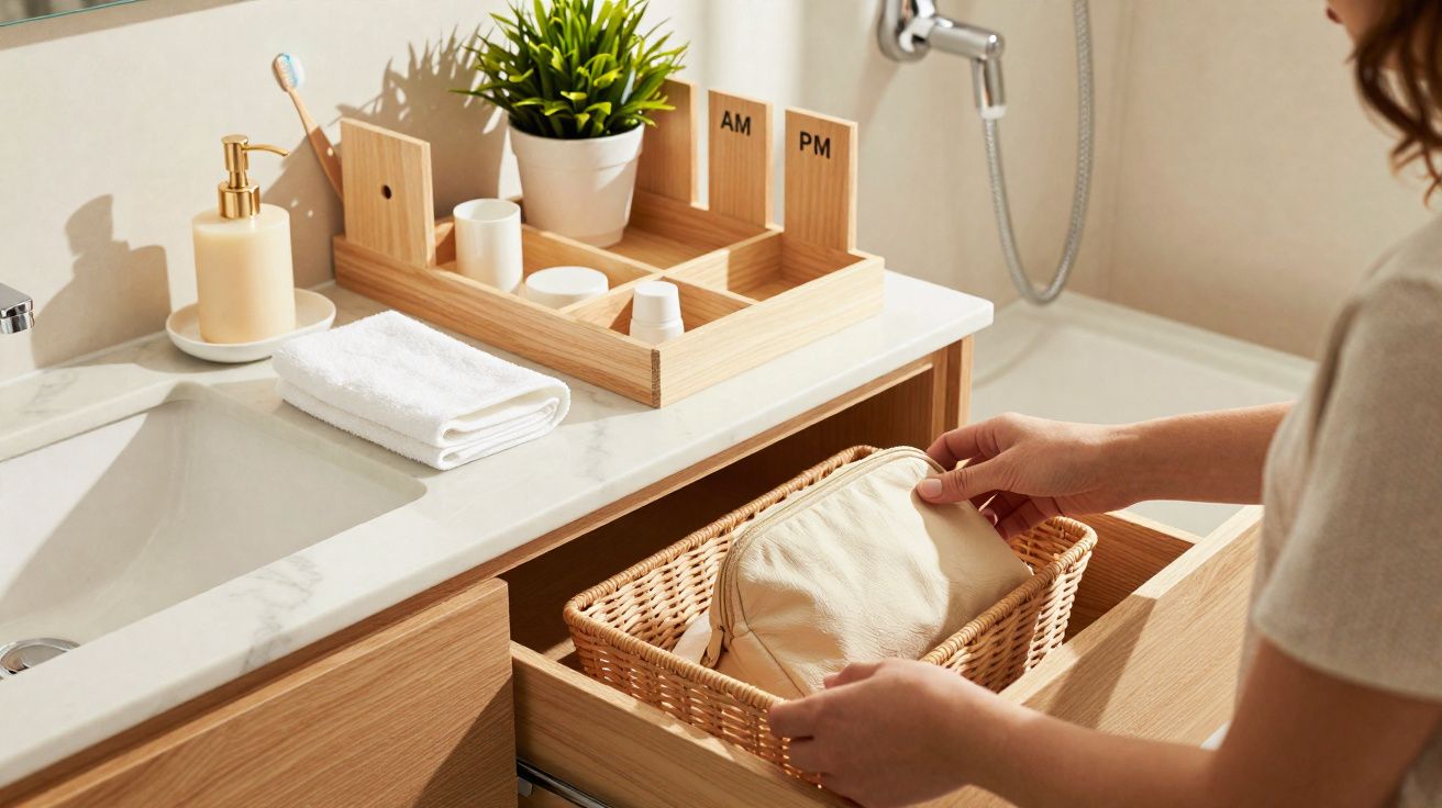 Pessoa a guardar necessaire em cesto de vime numa gaveta de casa de banho moderna com organização minimalista.