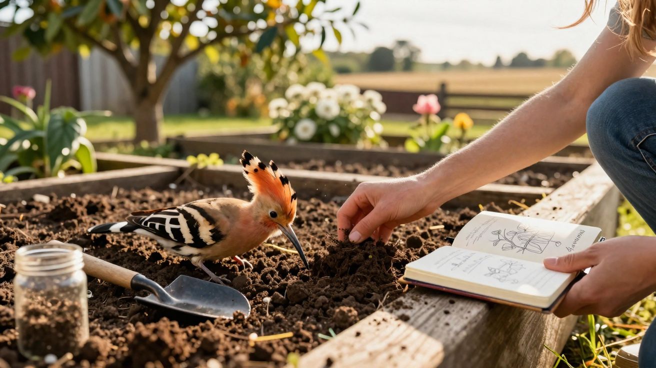 Pessoa a plantar sementes numa horta com um pássaro colorido ao lado e livro de botânica aberto.