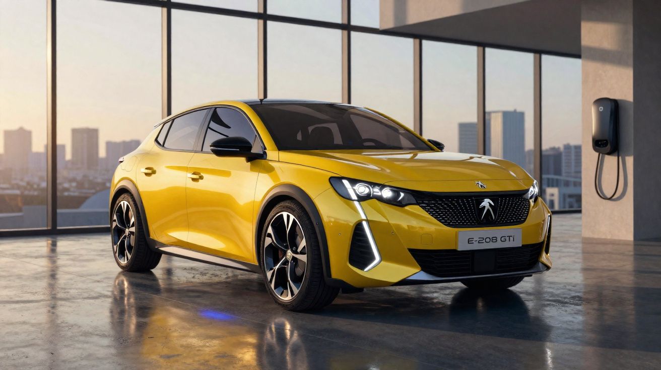Carro elétrico amarelo Peugeot E-208 GTi estacionado em garagem moderna com carregador elétrico na parede.