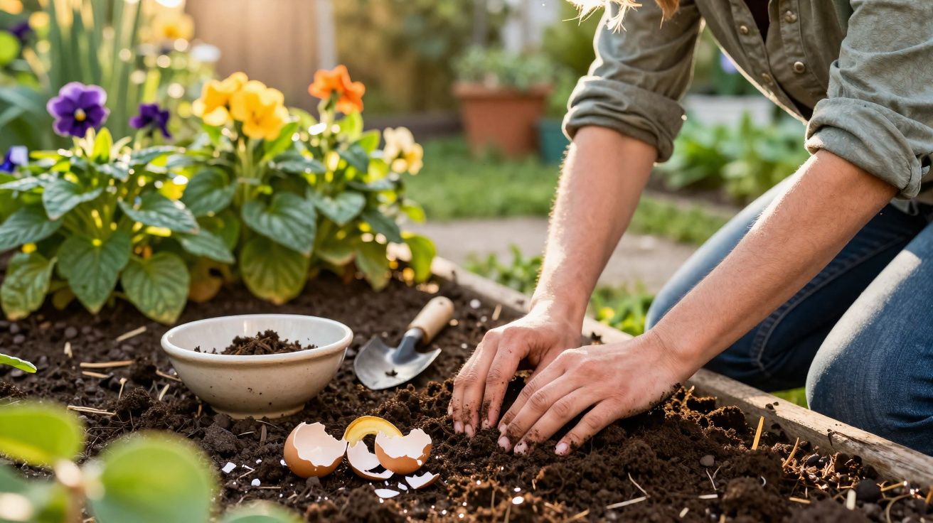 Pessoa a cultivar terra num canteiro com flores coloridas, com cascas de ovos e utensílio de jardinagem.