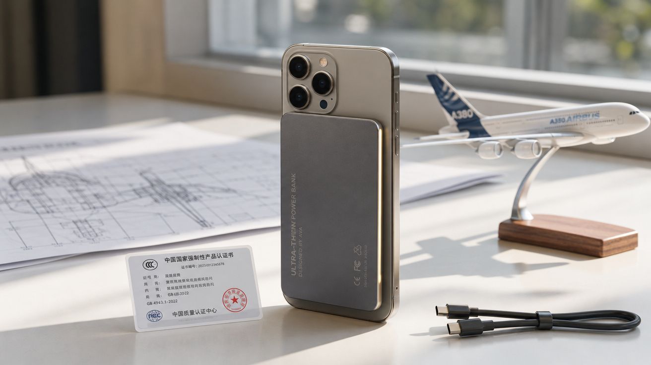 Smartphone com bateria portátil magnetizada, certificado à frente e modelo de avião Airbus ao fundo sobre secretária.