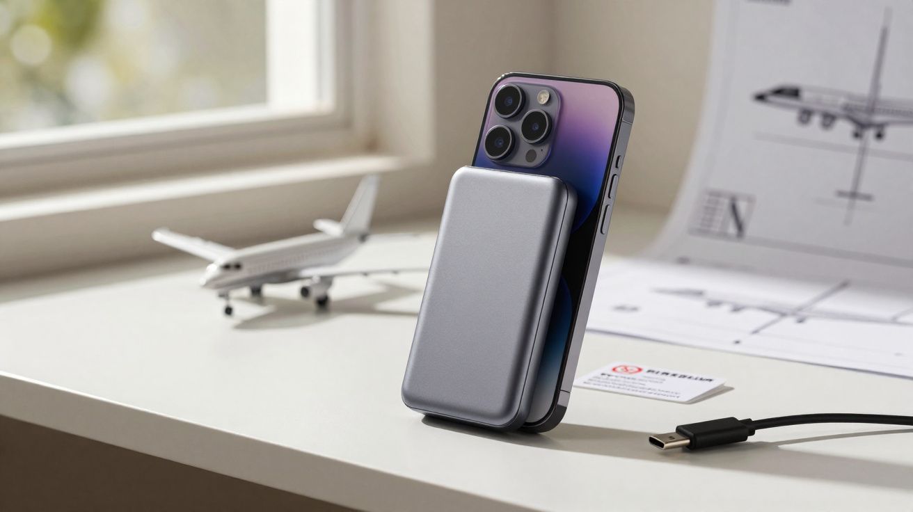 Smartphone com carregador portátil magnético numa mesa junto a uma miniatura de avião e instruções.
