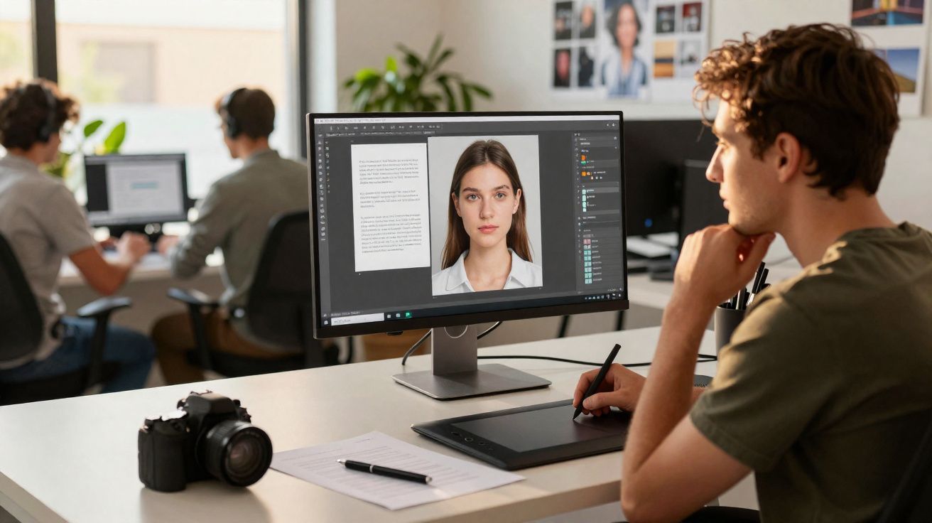 Homem a editar fotografia de retrato numa mesa de escritório com câmara, tablet gráfico, e computador.