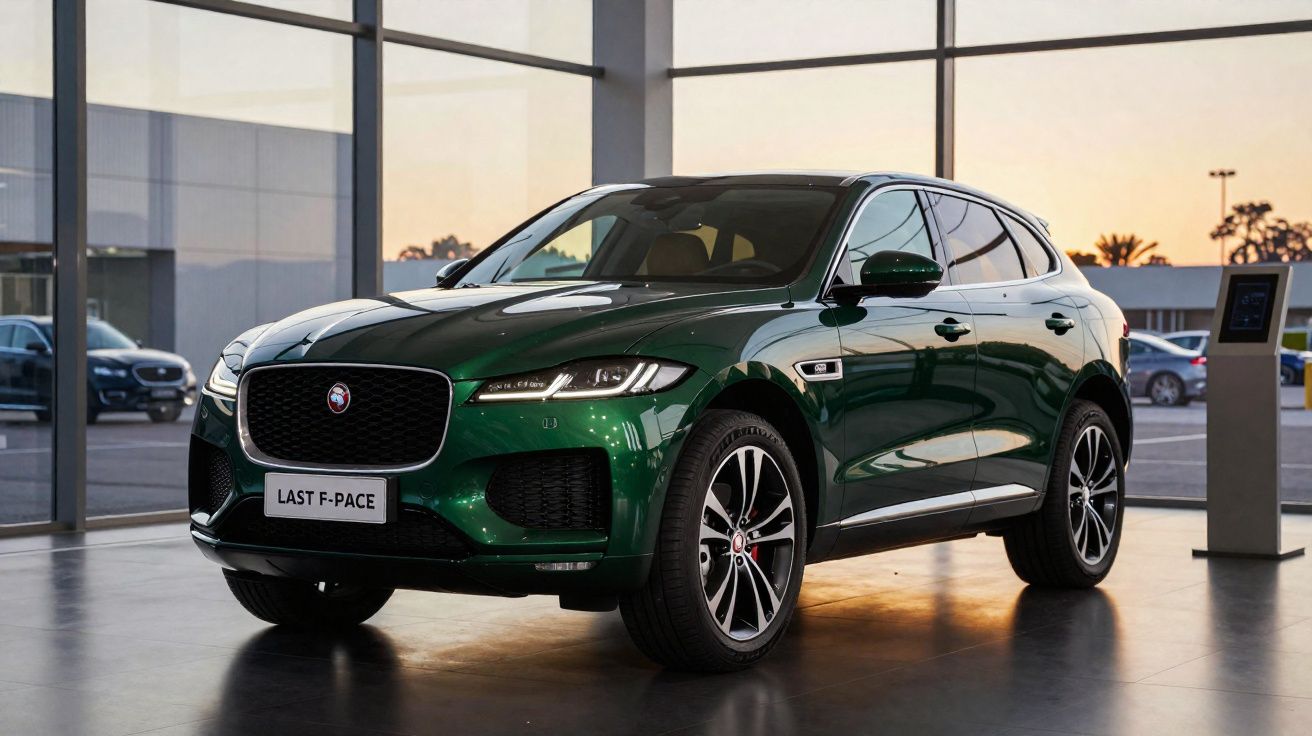 Carro SUV Jaguar F-Pace verde escuro estacionado em interior de showroom com janelas grandes.