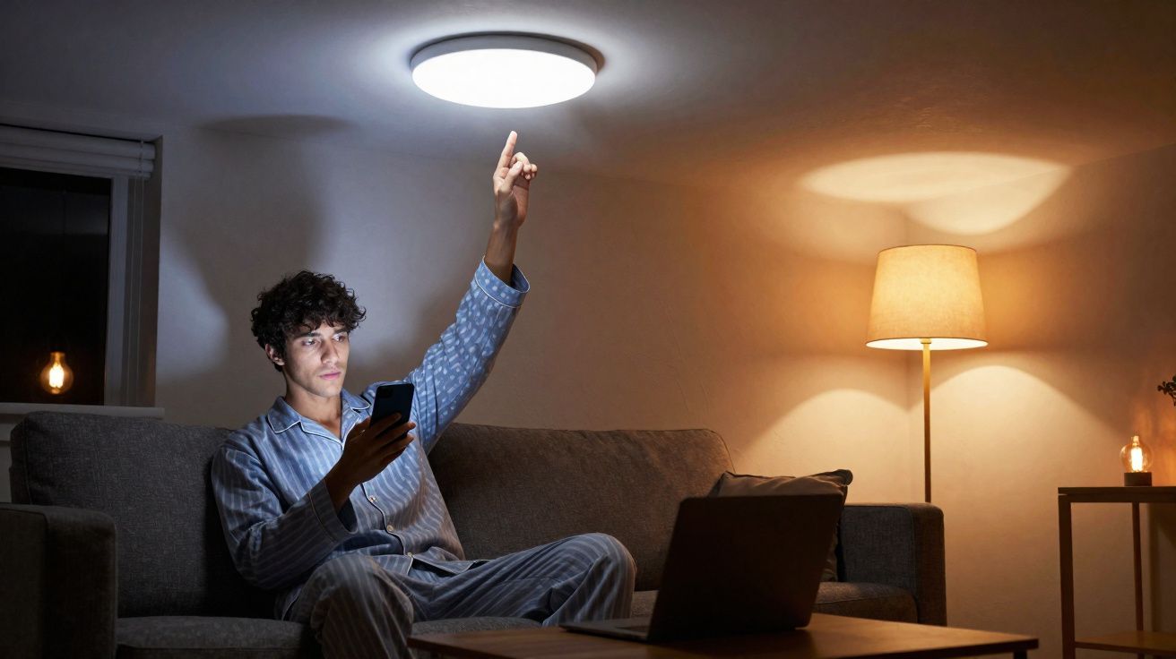 Homem de pijama sentado no sofá com telemóvel, ligando candeeiro de teto numa sala acolhedora.