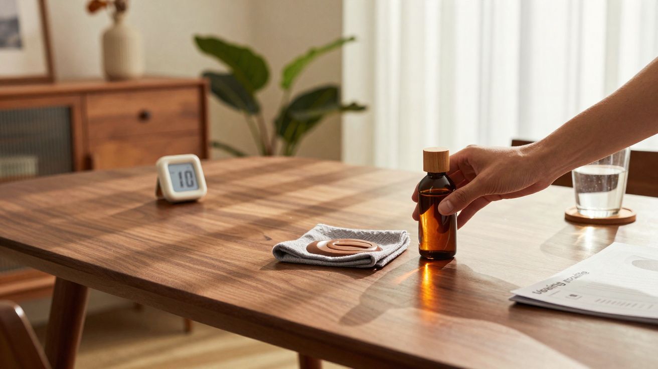 Mão a pegar frasco âmbar sobre mesa de madeira com copo de água, toalha e relógio digital ao fundo.