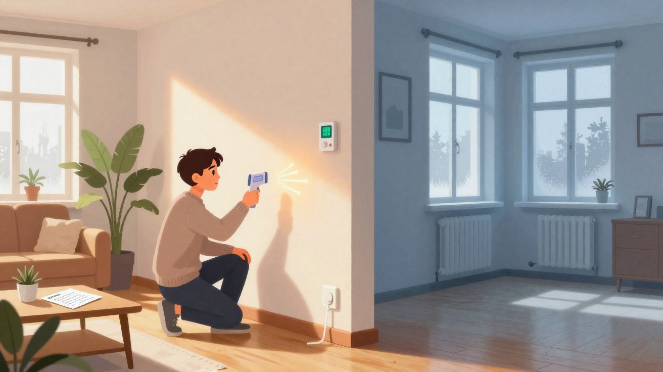 Pessoa a medir a temperatura de um termostato numa sala dividida entre dia e noite.