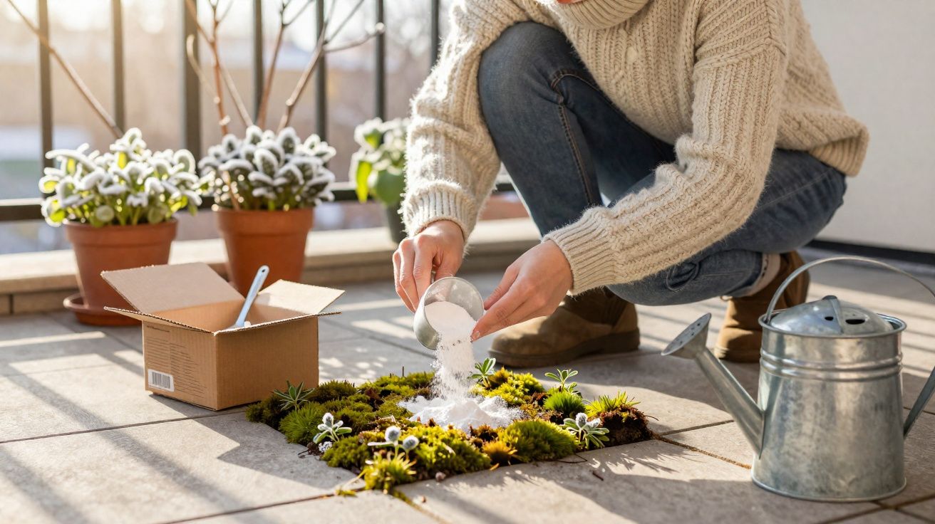 Pessoa a cuidar de jardins verticais com musgo e plantas, ao sol no terraço, com regador ao lado.